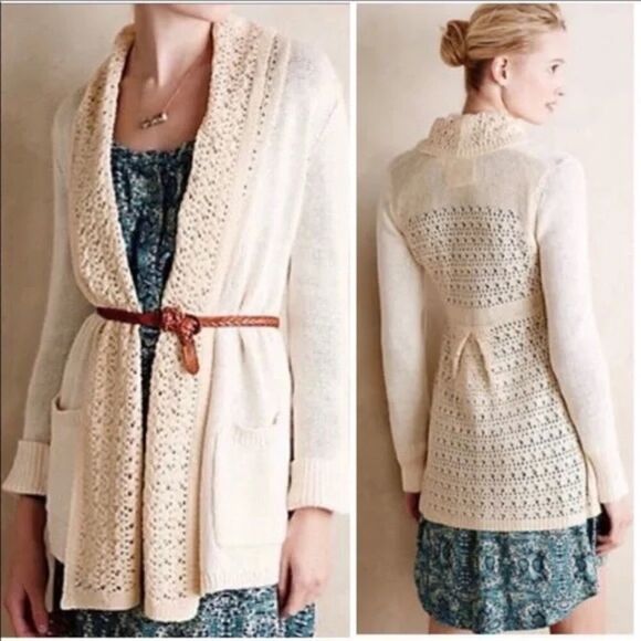 Anthro Angel of the North Evenie Chenille long open Cardigan Ivory Sweater S - Picture 1 of 12